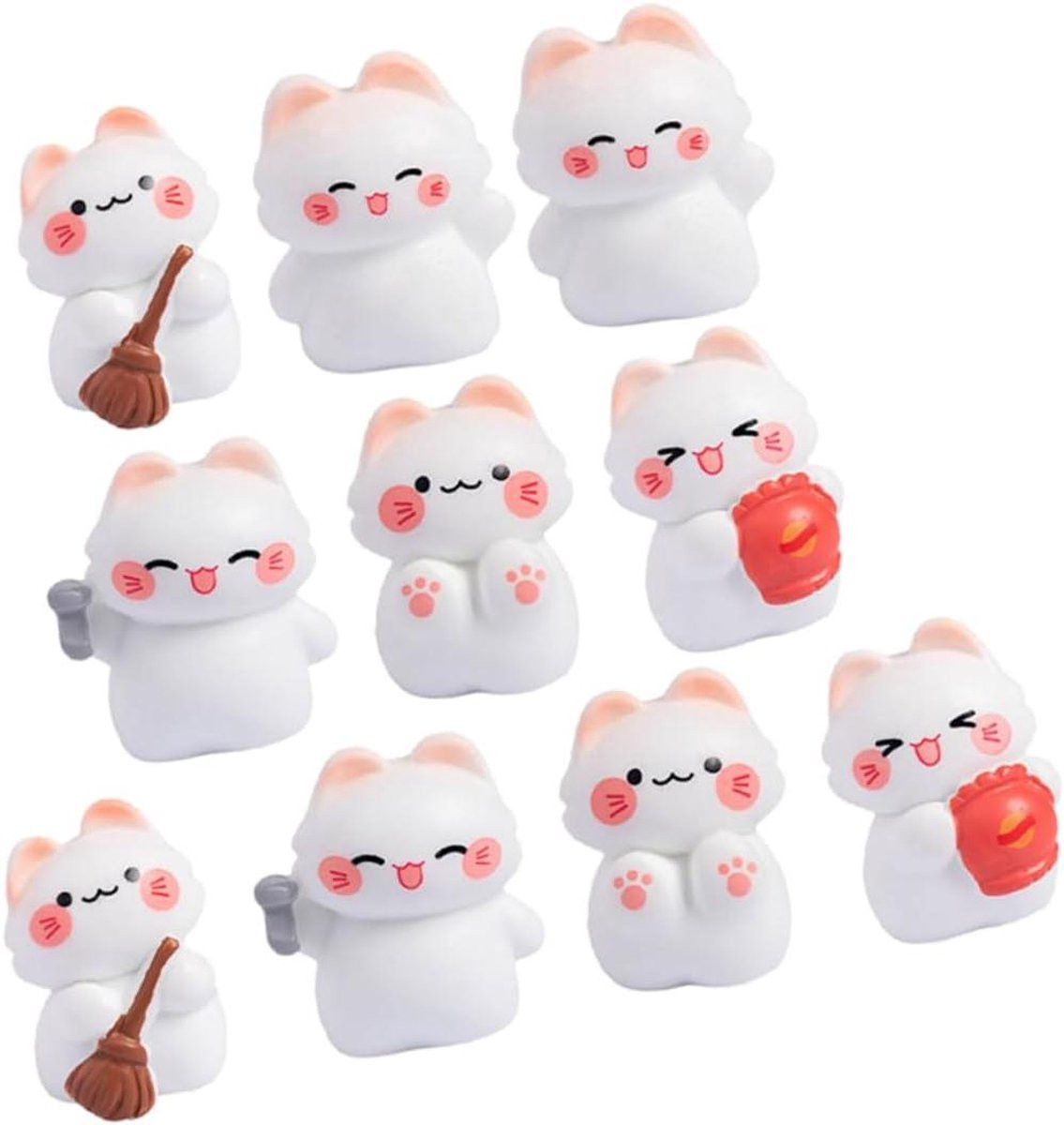 Set van 10 multicolor kitten beeldjes voor tuin decoratie en tafelblad