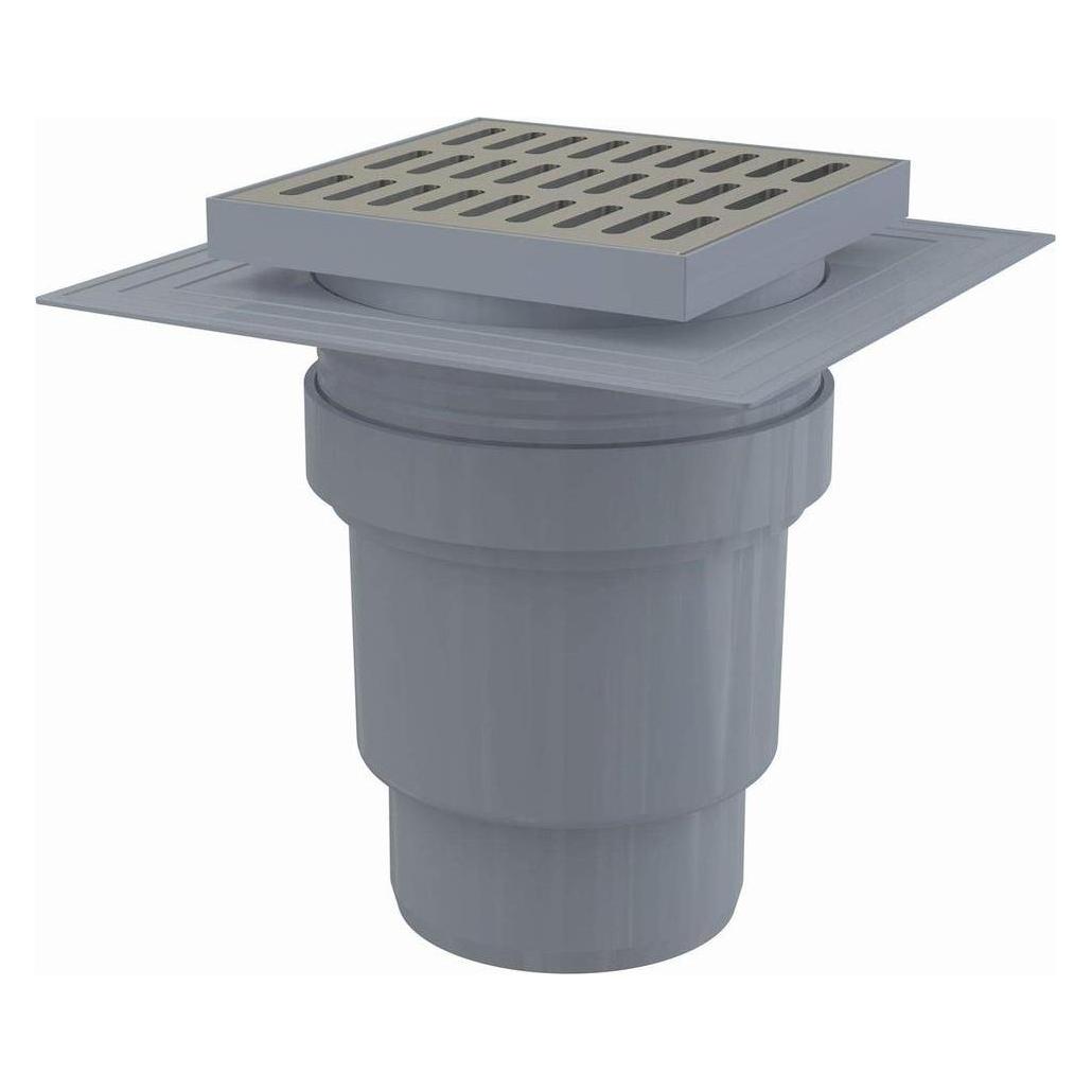 Alcadrain Kratka ściekowa 150×150/110 mm odpływ pionowy, kratka nierdzewna, dwa poziomy izolacji, syfon mokry (150 mm) (54179046)