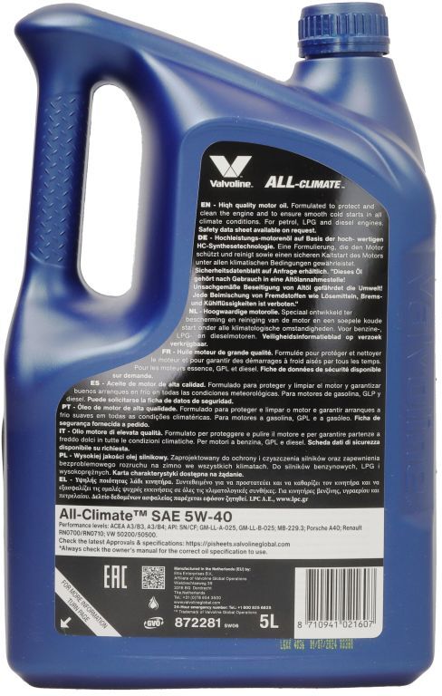 Motoröl VALVOLINE 908744 All Climate 5W40 5L