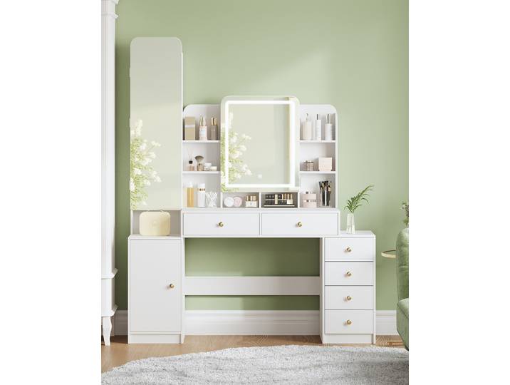 Table de toilette avec éclairage, miroir, compartiment à bijoux, 8 compartiments ouverts, 6 tiroirs, 1 compartiment