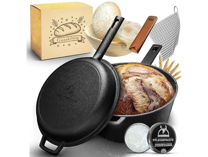 GUSSKÖNIG Gusseisen Topf Brot Backen 4,5 L mit Deckel als Pfanne – 2in1 Brotbackform, Brotbacktopf & Brottopf, Dutch Oven inkl. Gärkörbchen, Ringreiniger, Ledergriff, Rezeptbuch & Pflegepaste