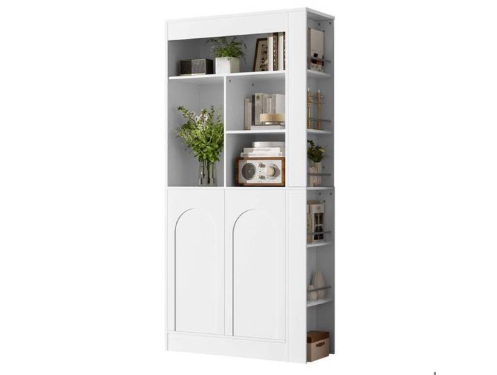 ELVORIN Meuble de rangement haut 85 x 35 x 180 cm étagères ouvertes 2 portes rangements latéraux blanc panneaux de particules