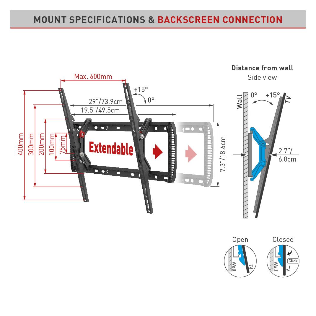 Barkan TV-Wandhalterung 13-90", neigbar bis 15° (Wand, 60 kg, 13" - 90") (BM410T)