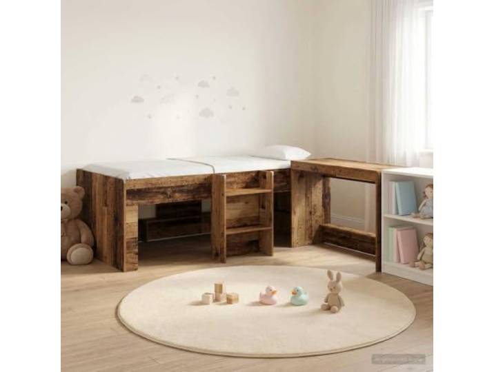 RJPLMFV Hochbett für Kinder, Büro, Holz, antik, 90 x 190 cm Holzwerkstoff, Lattenboden, kompaktes Design, einfache Montage