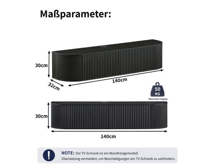 Meuble TV Mural Noir 140 Cm Meuble TV Suspendu FloraGrace Pour Salon Et Chambre Avec Passage De Cables 140x32x30cm