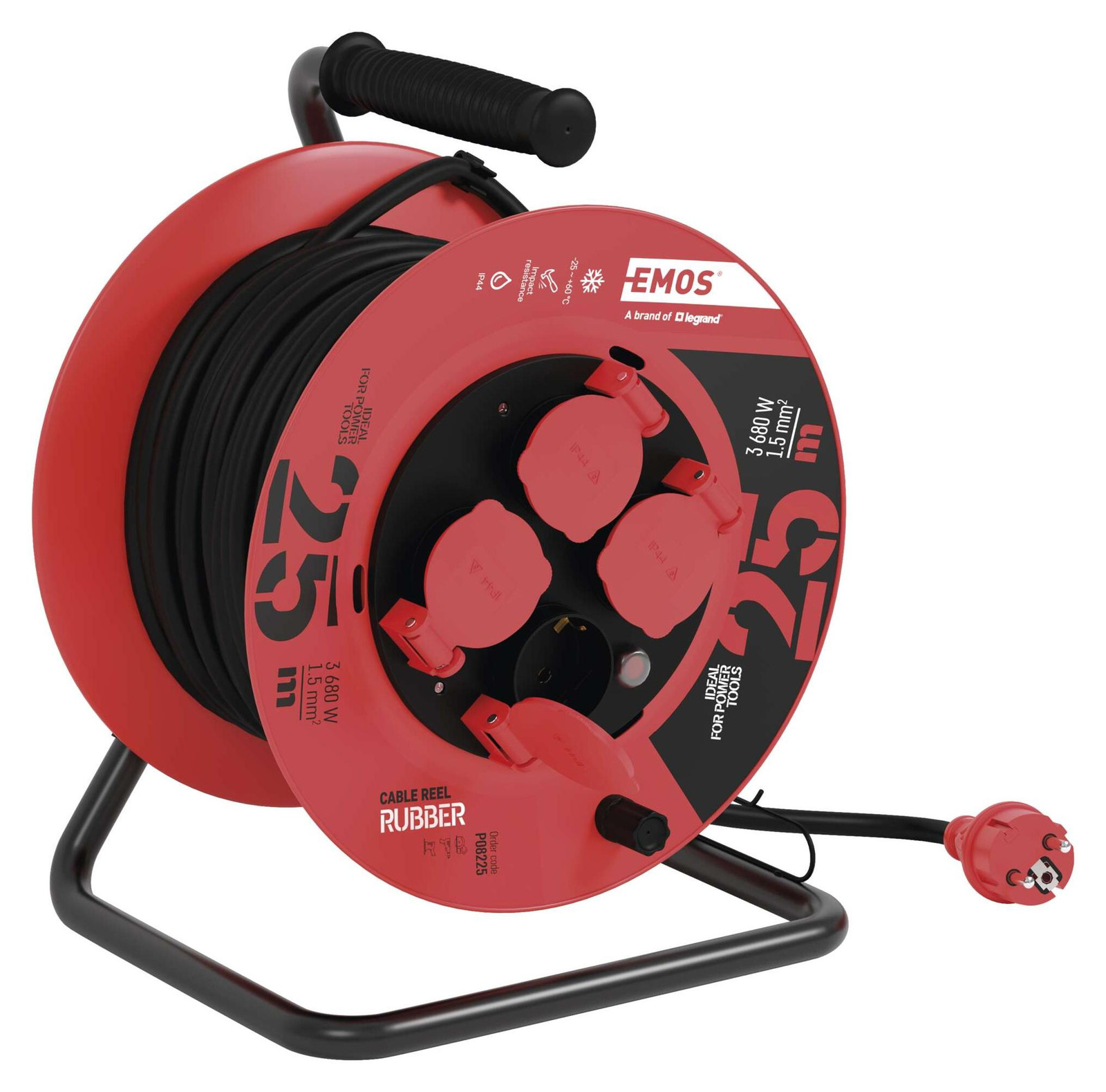 Emos Professionele kabelhaspel P08225 met 25 meter rubberen kabel en 4 Schuko-stopcontacten, IP44 voor buitengebruik