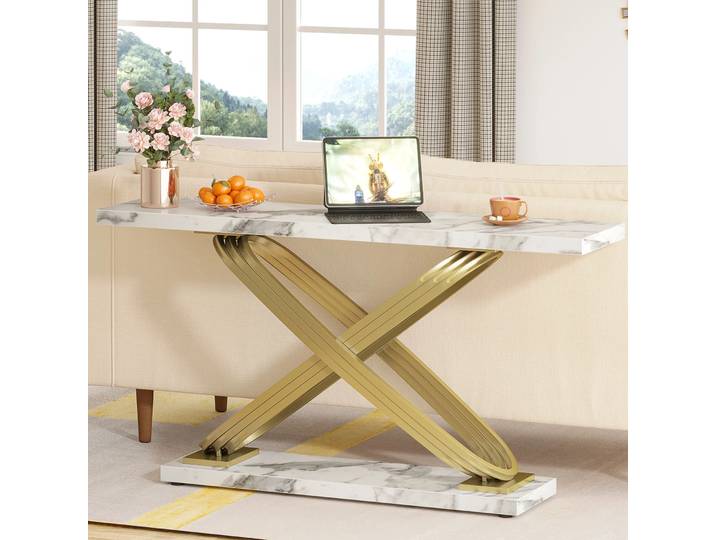 Tribesigns Table console moderne 140 cm, table d'entrée en faux marbre doré derrière le canapé, table de canapé rectangulaire étroite