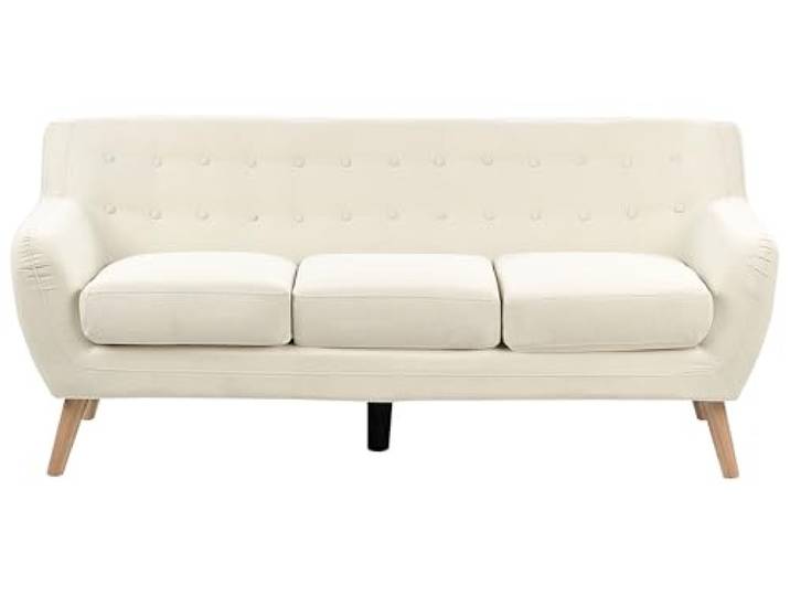 Beliani 3-Sitzer Sofa mit Armlehnen Stoff Hellbeige Knopfheftung Holzbeine Retro Motala