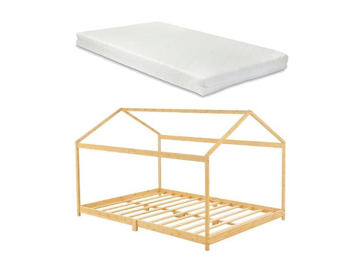 en.casa Kinderbett (2-tlg., Bett und Matratze), »Vindafjord« Hausbett Haus-Optik Bambus und Matratze 120x200 cm