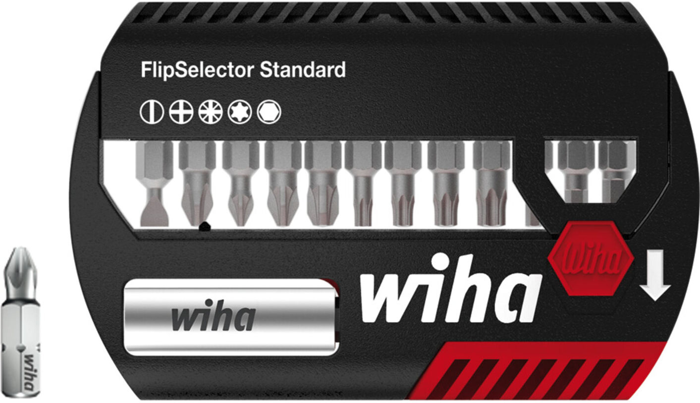 Wiha Bit Set FlipSelector Standard 13-tlg. I 25 mm gemischt 1/4" I magnetischer Bithalter I Öffnen per Knopfdruck (39078))