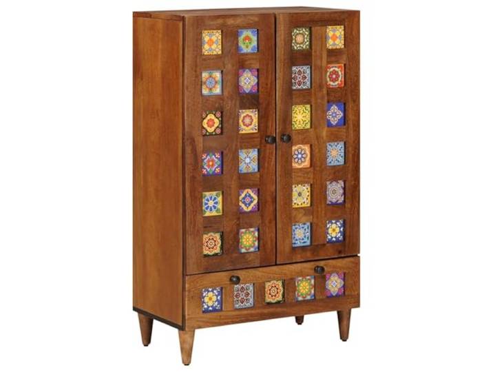 FMPGJLYH Highboard aus Mango-Massivholz mit Schublade & Scharniertüren Walnuss-Optik, Kompakte Stauraumlösung, Quadratische Beine, Zeitgemäßes Design