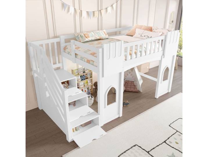 Lit mezzanine ZUONCEGLNG avec rangement intégré blanc 90 x 200 cm