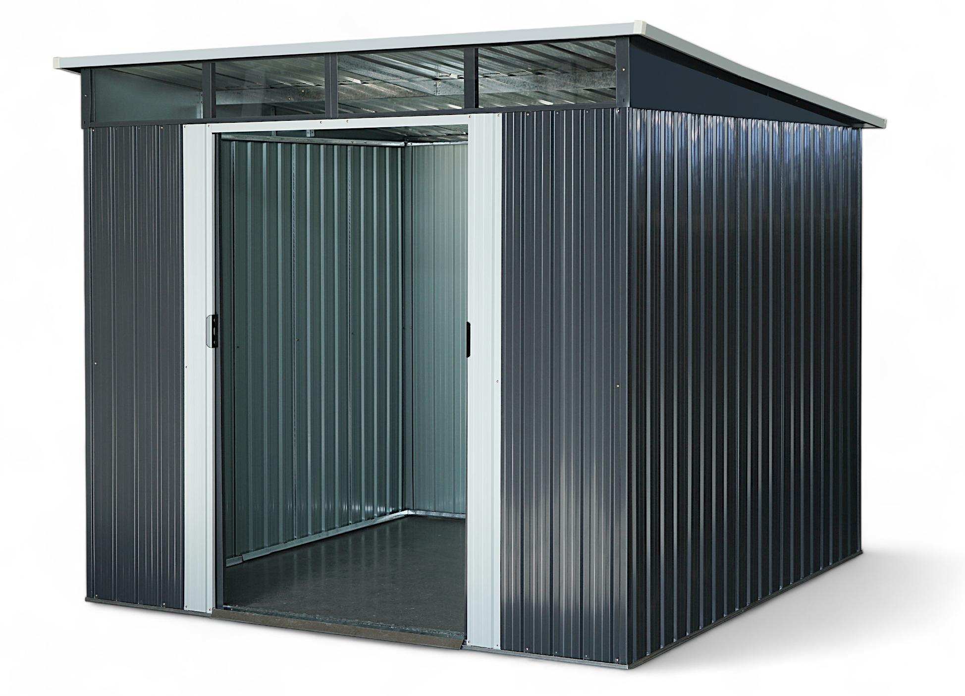ALEOS. Gartenhaus Geräteschuppen mit Pultdach und großes Oberlichte - Fenster 5,6m² 239x236cm aus verzinktem Stahlblech anthrazit Metall mit Doppelschiebetür Türhöhe 173cm Schuppen Gartenhaus