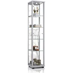 K-Möbel Glasvitrine in Alu / Silber (176x37x33cm) mit 4 höhenverstellbaren Glasböden, Spiegel, Schloss, LED - Modellauto Vitrine Silber