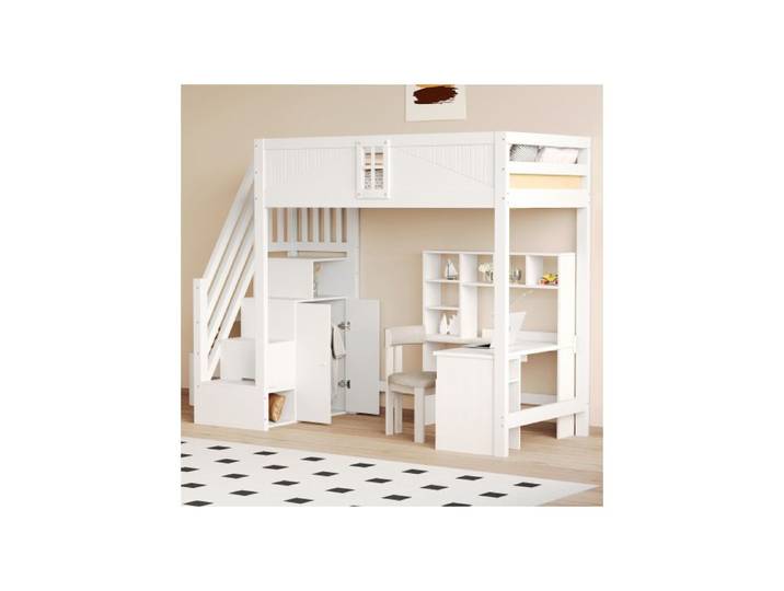 Lit Mezzanine Enfant avec escalier de Rangement Lit Simple 90x200 cm avec Grand Bureau et étagères Lit Enfant Multifonctionnel