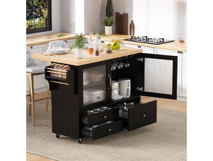 Chariot d'îlot de cuisine roulant multifonctionnel-table à manger extensible avec support pour verres à vin et espace de rangement, chariot mobile