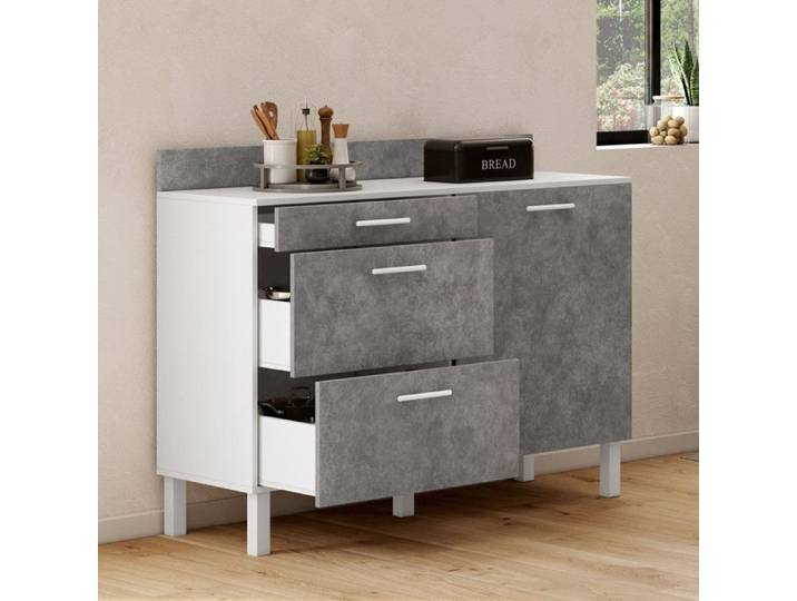 IDMARKET Buffet bas casserolier de cuisine 120 cm CINA plan de travail H.83 cm 1 porte + 3 tiroirs blanc et effet béton
