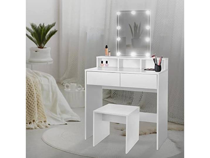 ML-Design Schminktisch mit LED-Beleuchtung, Frisiertisch mit Hocker, Spiegel, 2 Schubladen, 80x40x140 cm, Weiß, Moderne Kosmetiktisch mit 3 offenen Fächern, Frisierkommode Schminkkommode Make-up Tisch