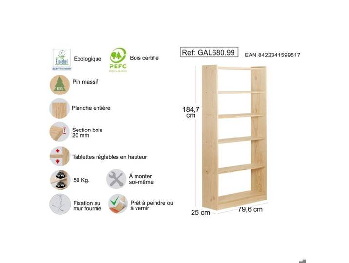 Bibliothèque - ASTIGARRAGA - Gala - 6 étagères - 79 6 cm - Bois massif