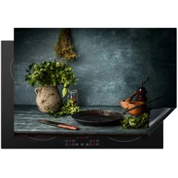HERDABDECKPLATTE Kräuter - Gewürze - Pfanne - Messer - Grau - Rustikal Induktionsmatte 77x51 cm