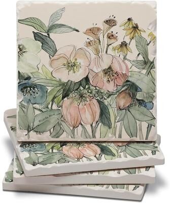 Thirstystone "Floral Sketch 4 Pack Assorted Tumbled Tile Stone Coasters with Protective Cork Backing 4"" Square Manufactured in The USA"