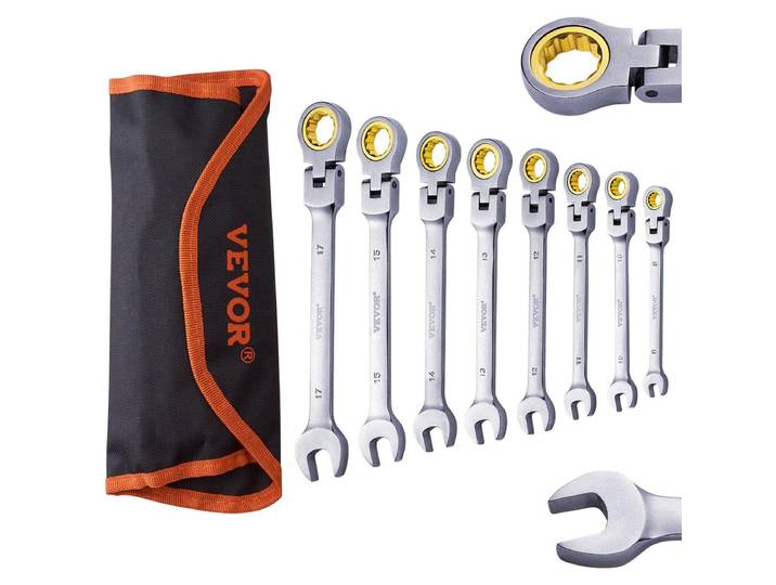 Jeu de clés à cliquet VEVOR Flexhead\, jeu de 8 clés mixtes avec étui à roulettes\, acier Cr-V\, flexible\, métrique\, 8 mm à 17 mm