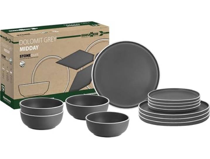 Brunner Dolomit Melamin-Camping-Geschirr-Set, rutschfestes Outdoor-Geschirr-Set, leicht, bruchfest, Teller, Schüsseln und Tassen, Wohnwagen, Picknick & Camping, Essen (Dolomit Grau, 12-teiliges Set)