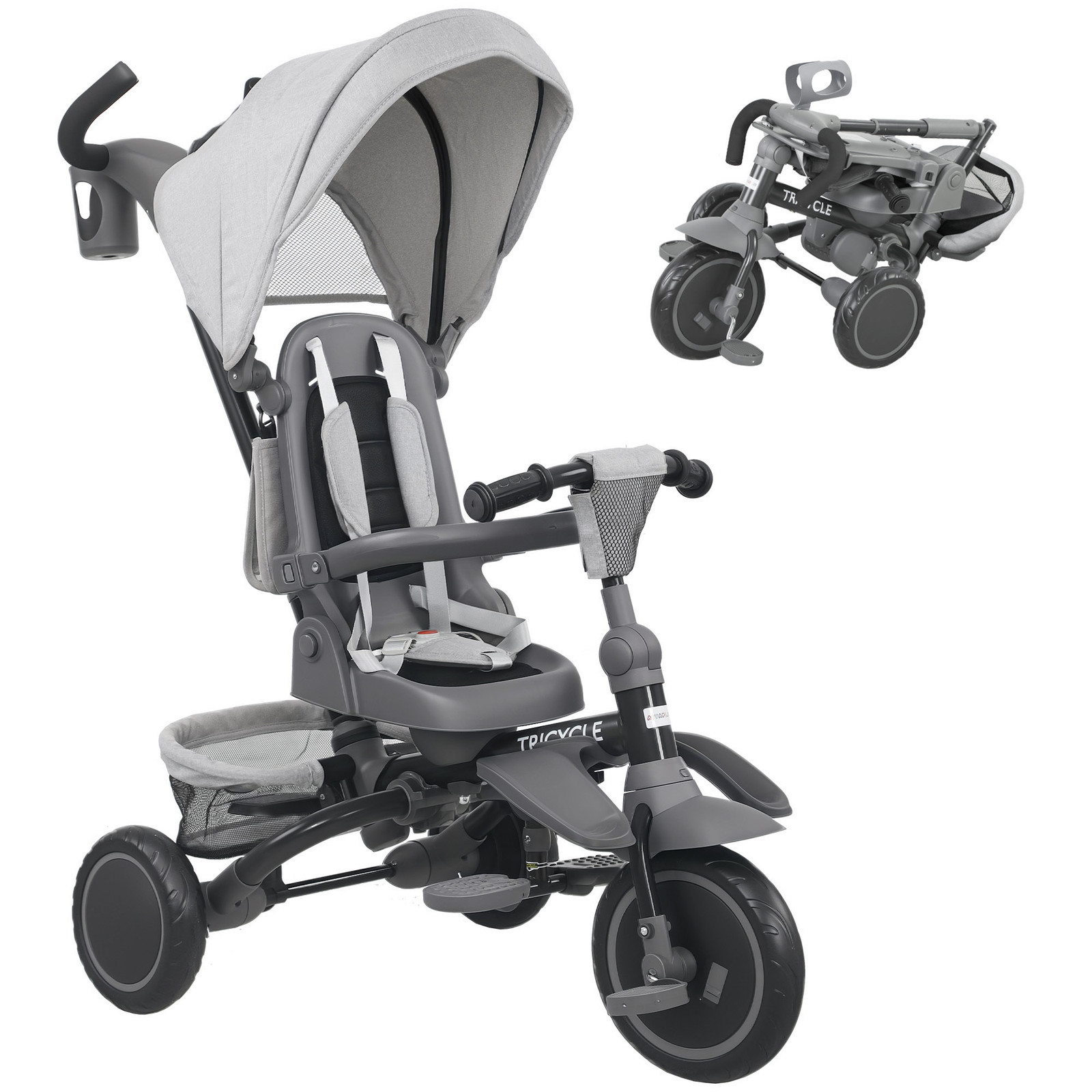 AIYAPLAY Kinderdreirad 6-in-1 Buggy met Verstelbare Zitting en Duwstang - Grijs