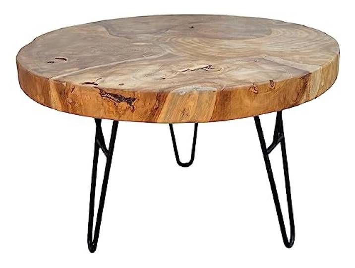FaHome Holz Couchtisch – Beistelltisch Kaffeetisch – Mit DREI Metallbeinen – Rund aus Teakholz – 60x60x43 cm