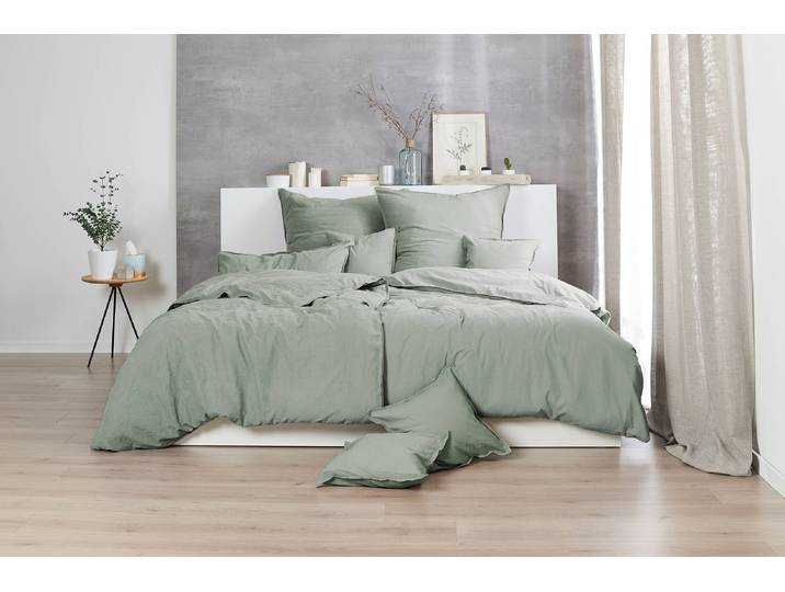 Renforce-Bettwäsche Stonewashed Pure 200 x 200 cm + 2 Kissen 80 x 80 cm Grün/Olivgrün