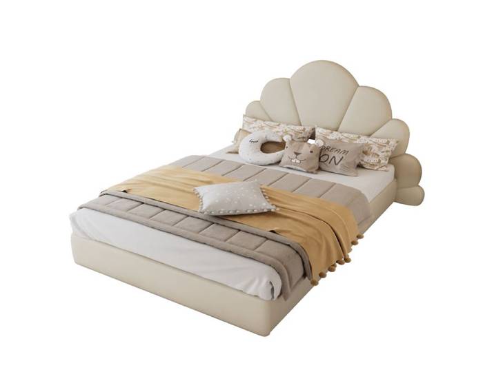 Lit double 205x187.5x103 cm Beige Velours avec tete de lit petale et design moderne