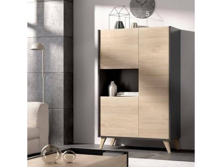 Dmora - Boario-Sideboard, hohes Wohnzimmer-Buffet, modernes Wohnzimmer-Sideboard mit 3 Türen, 81 x 43 x 135 cm, Eiche und Anthrazit