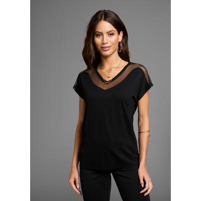 T-Shirt LAURA SCOTT, Damen, Gr. 36/38, schwarz, Jersey, Obermaterial: 95% Viskose, 5% Elasthan. Netz: 100% Polyester, Mesh, unifarben, figurumspielend hüftlang, V-Ausschnitt, Shirts T-Shirt, mit Mesh-Einsatz