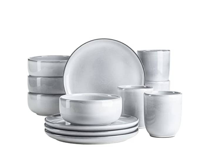 MÄSER Serie Livio, Frühstücksgeschirr Set für 4 Personen mit henkellosen Kaffeebechern, moderne nordische Formen, 12-teiliges Service, Steinzeug, Eisblau