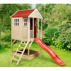 Wendi Toys Holz Stelzenhaus Frosch | mit Rutsche und Sandkasten | Natur | 280x197x242 cm - Natur