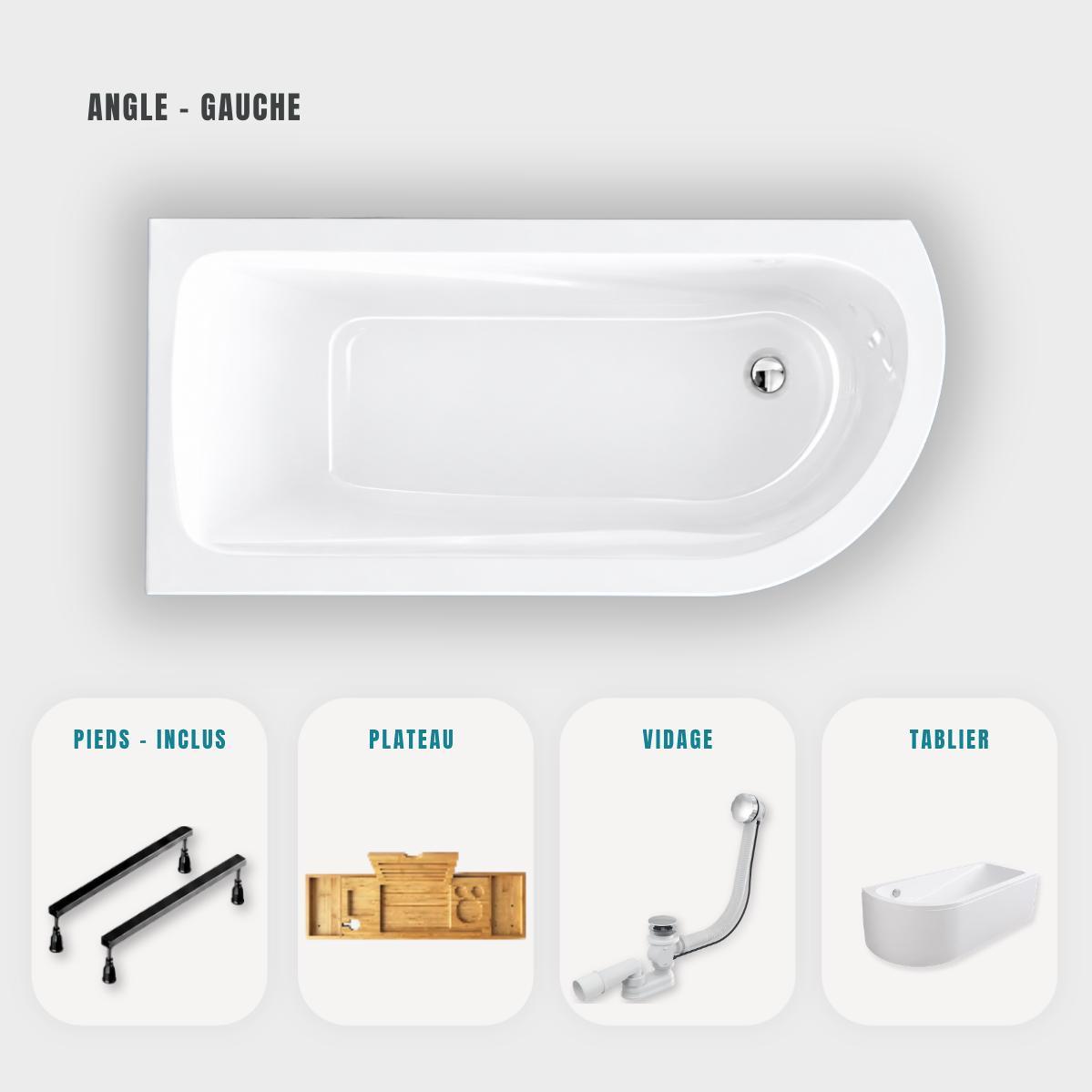 Weiße, asymmetrische Eckbadewanne 160 x 75 cm - Weiße Schürze - Füße - Verchromter Ablauf - Bambusablage - OASIS