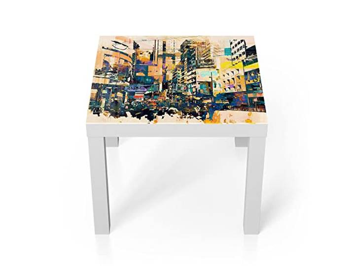 DEQORI Glastisch weiß klein 55x55 cm Motiv Moderne Stadtansicht ausgefallener Beistelltisch aus Glas Hochglanz Couchtisch fürs Wohnzimmer moderner Couch Tisch mit Design