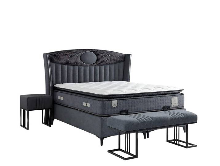 JVmoebel Boxspringbett Elegantes graues Bett aus Textil und Holz mit bequemer Matratze (1-St)