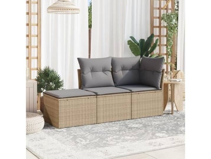 WDGJJFECNMUEHI Résine tressée Durable terrasse Jardin 3 pièces beige Salon de jardin 3 pieces avec coussins beige resine tressee, canape exterieur modulaire avec pouf, ensemble patio impermeable