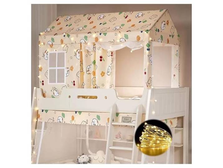 HGYNBCP Twin Top Etagenbett-Zelthimmel for Mädchen mit Lichtern – Beige(Beige,120cm)