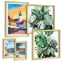 BILDER SET 5er Set - 50x50 cm & 20x30 cm & 40x60 cm Goldrahmen - Stadt- und Naturlandschaften