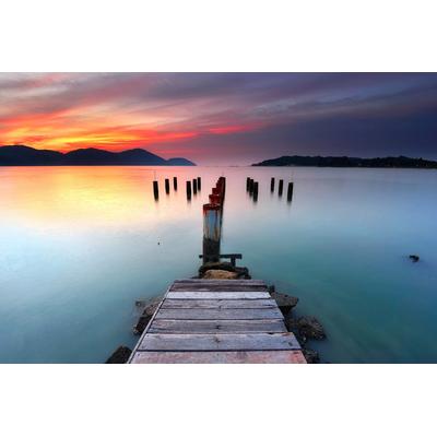 Fototapete PAPERMOON "PIER-SEE NATUR LANDSCHAFT MEER HOLZ STEG DÄMMERUNG DEKO", bunt, B:5m L:2,8m, Vlies, Tapeten