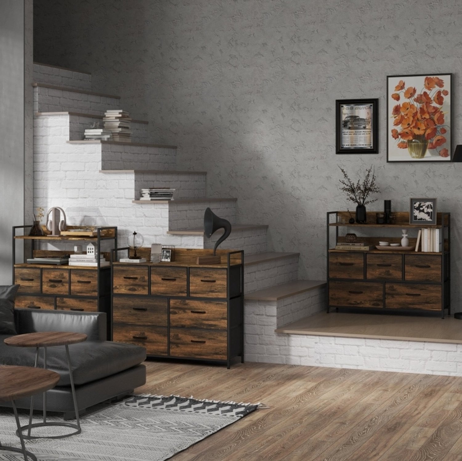 CHICFURN Ladekast met 7 stoffen lades en industrieel stalen frame, bruin