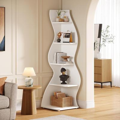 BLUEBELL 5-Tier Curved Wavy Corner Bookshelf, Freestanding Plant Stand Bookcase for Living Room