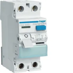 HAGER FI-Schutzschalter A 2p 230V 25A CDA225D 0,03A 2TE REG 1,5kA 0,25kA/stoß