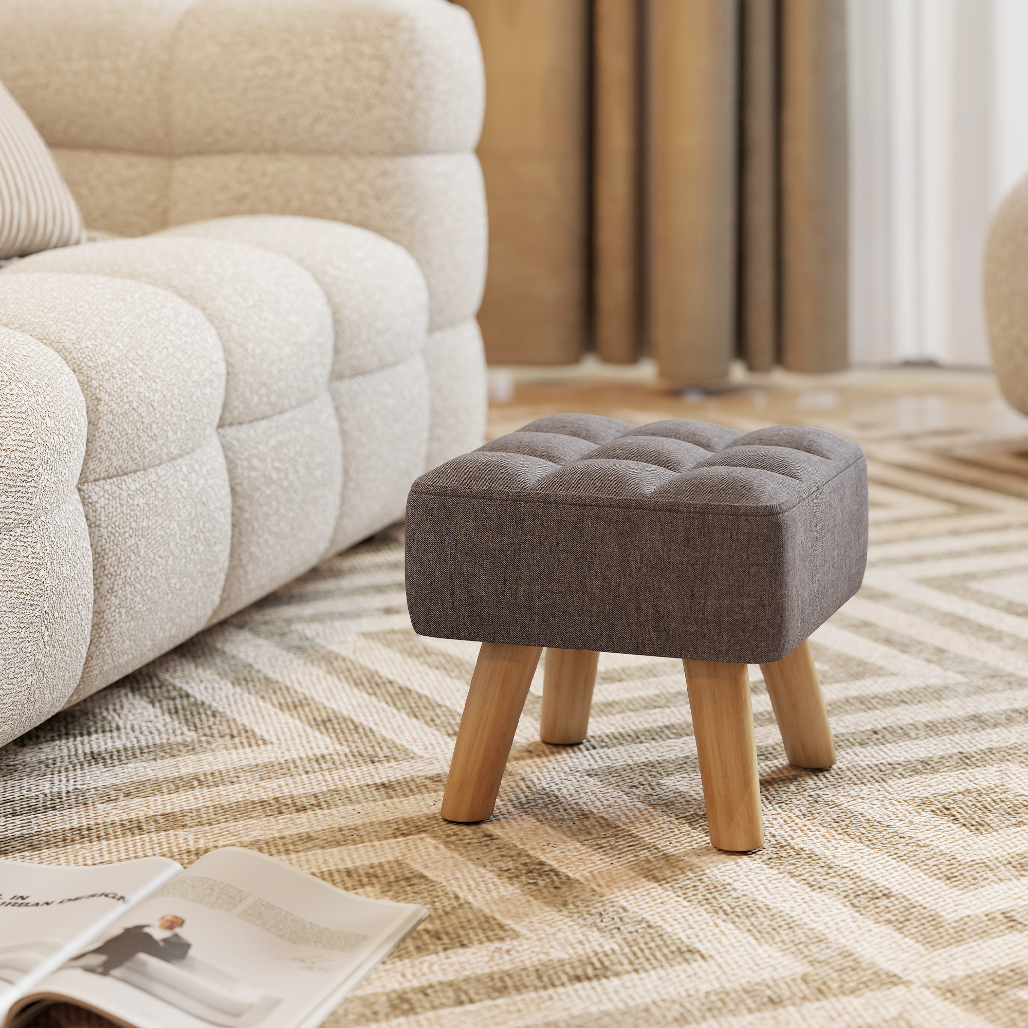 Homcom Poggia Piedi Imbottito con Aspetto Lino, Gambe in Legno, fino a 110 kg, Grigio   Aosom Italy