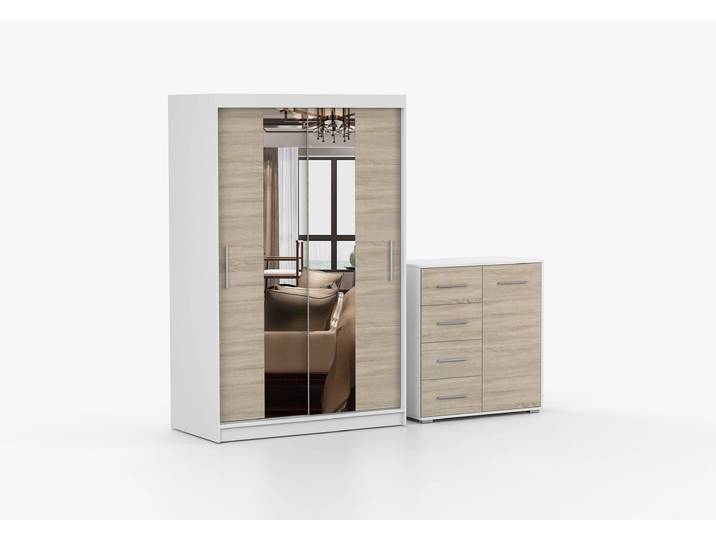 Schwebetürenschrank und Kommode 2er-Set NEOMI 01/FRIDA MINI 01 Weiß Sonoma Eiche