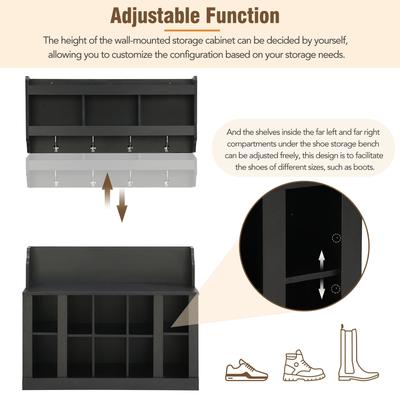 toswini Black Hall Tree with Bench and 4 Hooks - Customizable Entryway Coat Rack and Organizer