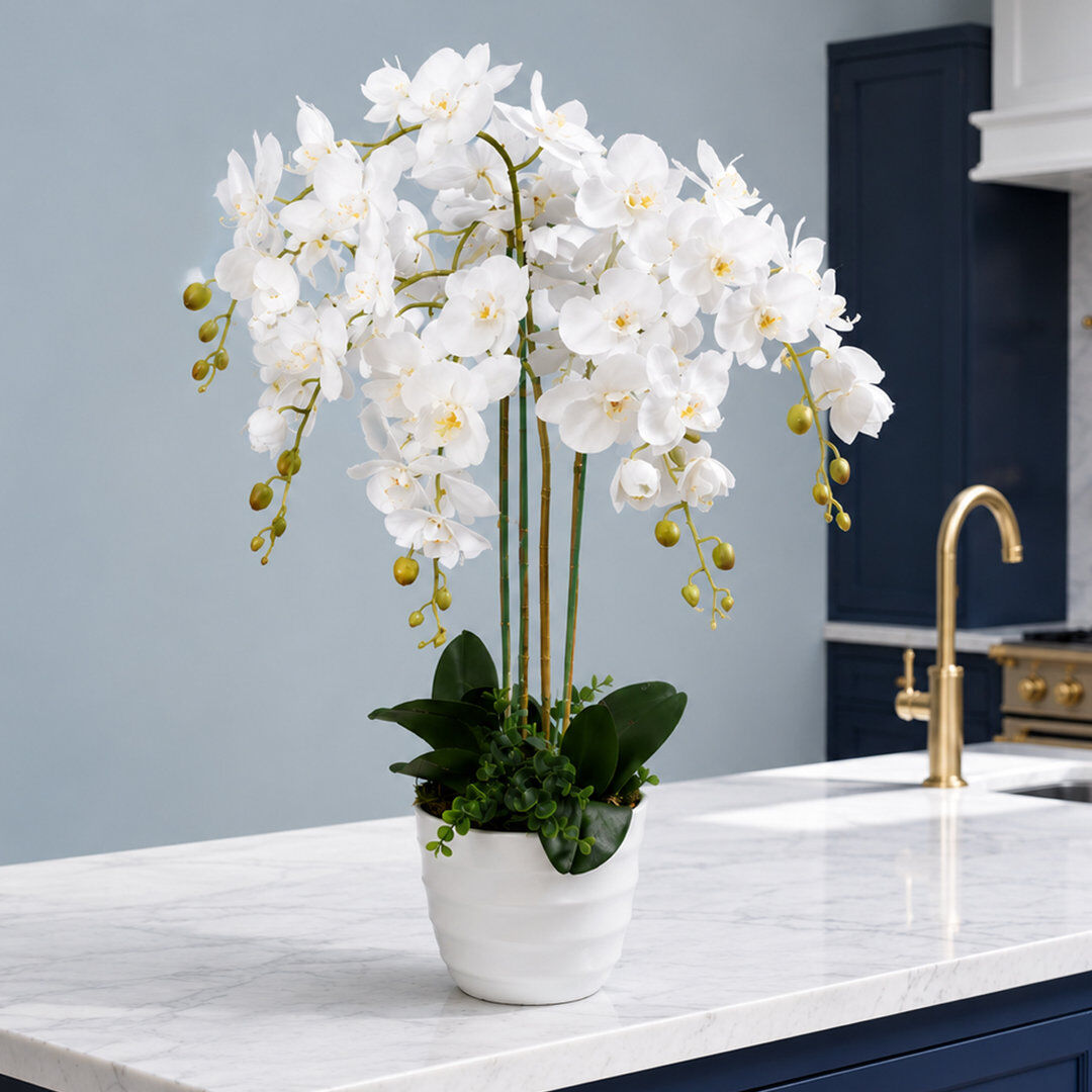 Leaf Artificial Orchid Flower Display In Pot 85cm Faux Orchid Plant in Pot Liner White 85cm H X 70cm W X 70cm D