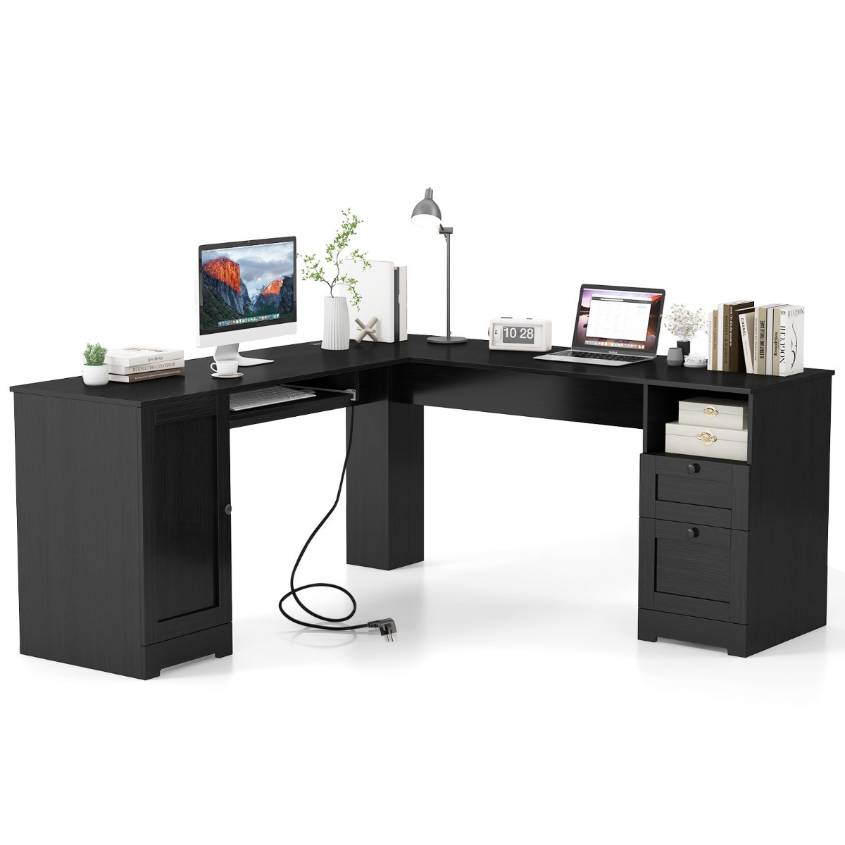 Costway L-vormig computerbureau met stopcontacten en 2 lades, modern bureau met verstelbare plank en toetsenbordlade, 168 cm